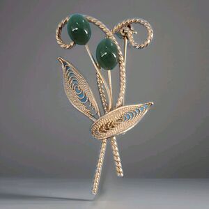 Vintage Brooch  Gold Tone Filigree Floral Leaf Spray  & Green Faux Jade Retro